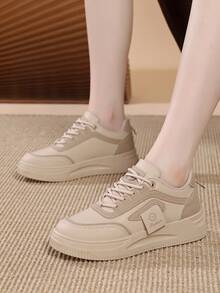 1pair Fashionable Casual Athletic Style Women Sneakers, Canvas Lightweight Comfortable Lace-Up Flat Shoes For Students - Khaki - View 5