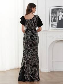 长款串珠美人鱼正式晚礼服，优雅半正式舞会礼服，适合生日、婚礼宾客、毕业返校节