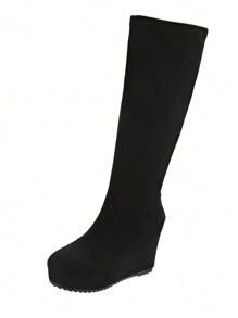 2024 Jesień/Zima Nowe Kozaki do Kolan Dla Niskich Kobiet, Modne, Smukłe, Wysokie Obcasy, Czarne, Elastyczne Kozaki do Uda, Uniwersalne - Czarne - Zobacz 2