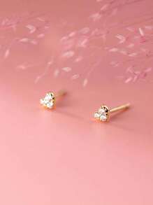 1pair Minimalist S925 Sterling Silver 3-Stone Cubic Zirconia Heart Stud Earrings, Jewelry Gift For Women, Work Or Date