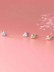 1pair Minimalist S925 Sterling Silver 3-Stone Cubic Zirconia Heart Stud Earrings, Jewelry Gift For Women, Work Or Date