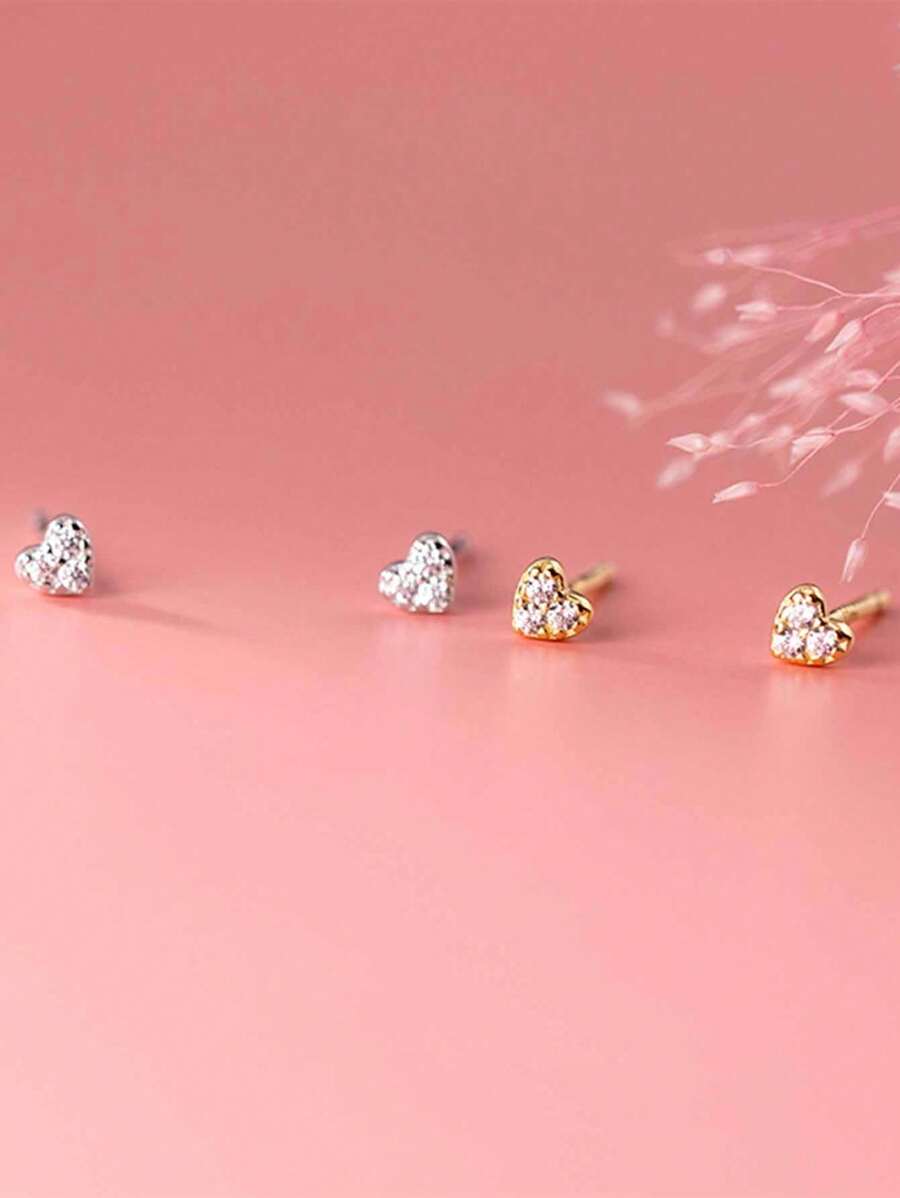 1pair Minimalist S925 Sterling Silver 3-Stone Cubic Zirconia Heart Stud Earrings, Jewelry Gift For Women, Work Or Date