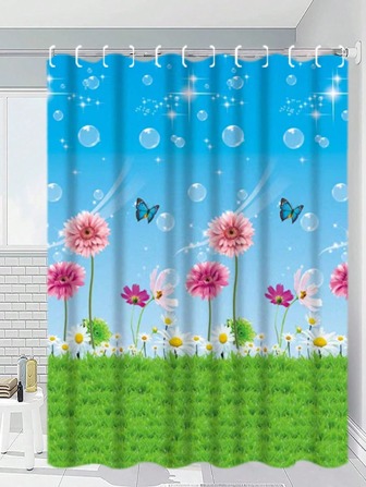 1pc Lawn Flower Pattern Printed PEVA Waterproof Shower Curtain With Hooks, Suitable For Bathroom, Bathtub And Kitchen Home Bathroom Decor Fall Decor Bathroom Accessories Back To School