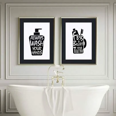 2 件/套Joysnana 浴室装饰墙艺术纸带框；有趣的浴室墙壁标志黑白浴室帆布艺术品海报无框