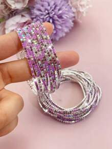 10pcs/Pack Ultra- Multi-Color Bead Tennis Bracelets With Crystal Decor For Women, Include Pink, Blue, Green, Gray, White, Purple - Bracelet Set - View 10