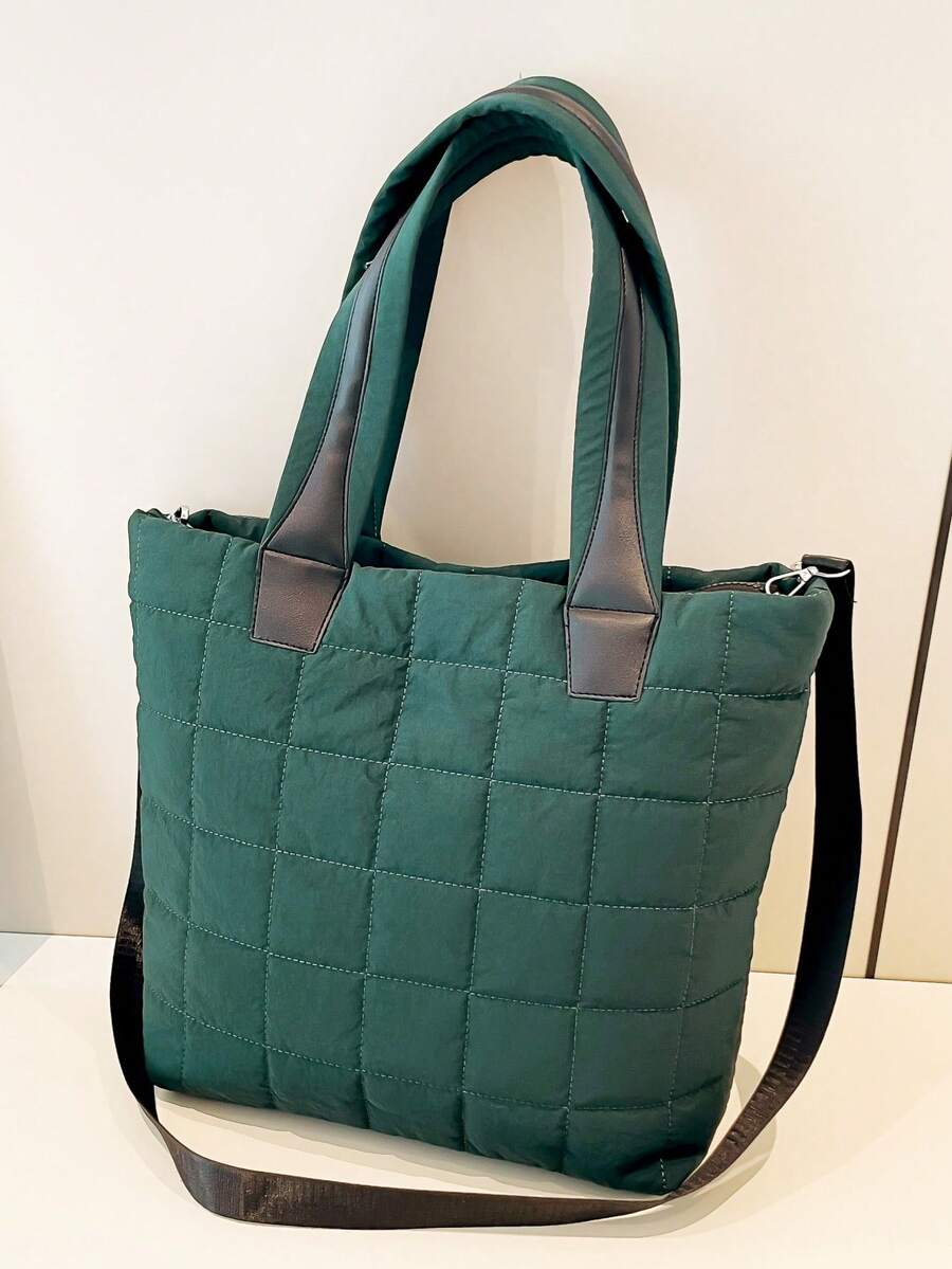 Nylon Quilted Embroidered Tote Bag, European And American Fashion Women