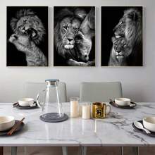 3pcs Frameless Canvas Posters, Black And White Lion Couple Portrait Painting, Canvas Wall Art, Artwork Wall Decor, Gifts For Bedroom, Office, Living Room, Cafe, Bar, Wall Decor, Home And Dorm Decoration Birthday Graduation
