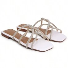 Women's Flat Sandal With Braided Rhinestones, Beautiful, Light, Soft, Comfortable - trắng - Xem 1