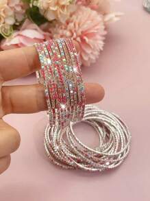 10pcs/Pack Ultra- Multi-Color Bead Tennis Bracelets With Crystal Decor For Women, Include Pink, Blue, Green, Gray, White, Purple - Bracelet Set - View 19