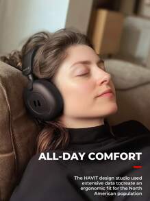 havit Auriculares híbridos H655BT a prueba de ruido activo para viajes en avión, auriculares inalámbricos Bluetooth sobre la oreja, 76H de tiempo de reproducción, audio de alta resolución, súper graves a través de la aplicación, 5 micrófonos para reducción de ruido - Negro - Ver 6