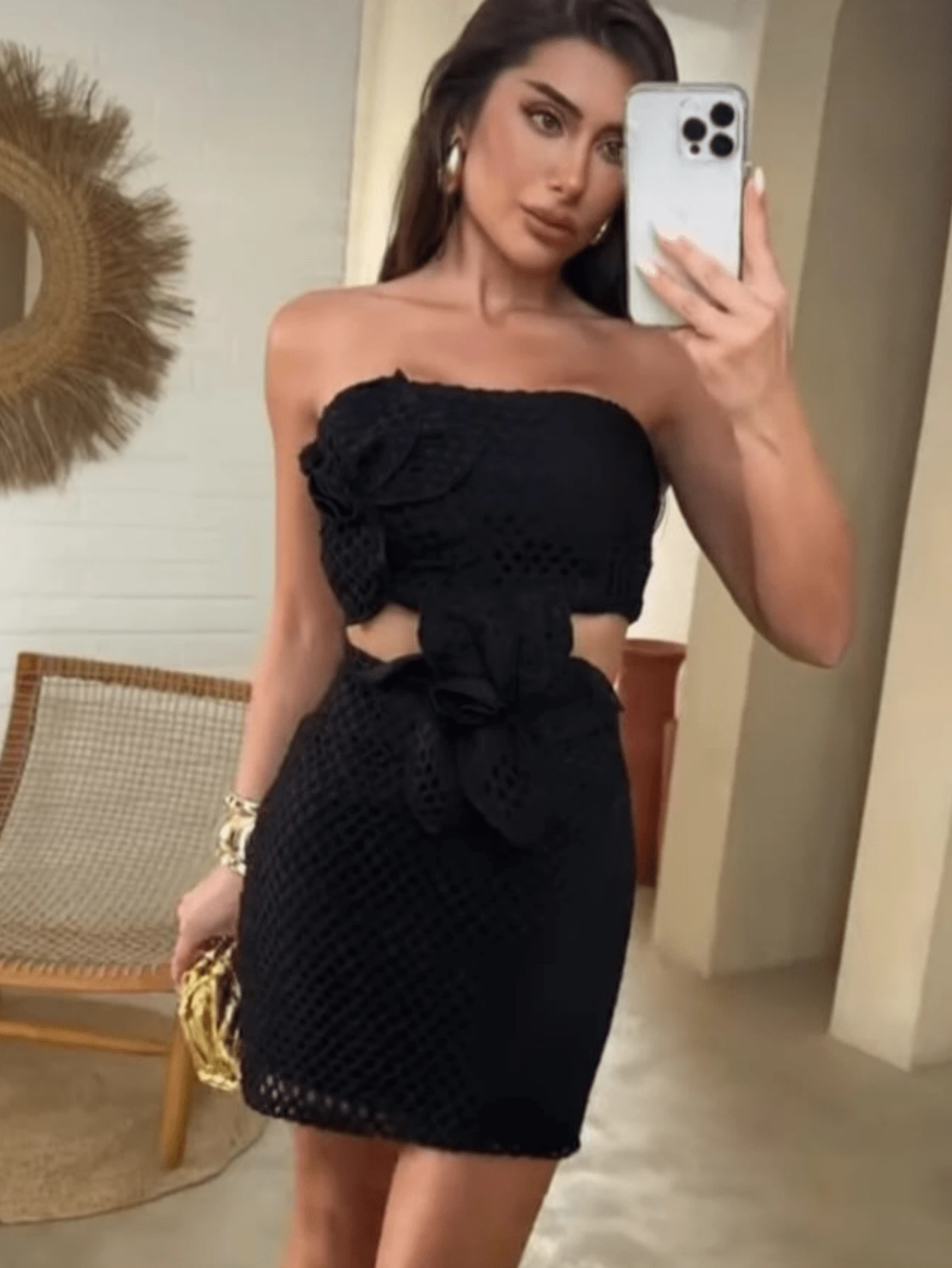 Short Dress With Crochet Applique Flowers And Lined - màu đen - Xem 1