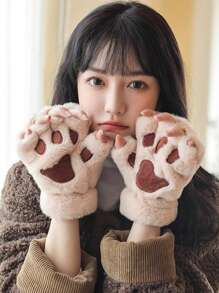 1 Pair Of Cute Cat Claw Fingerless Gloves, Thick, Warm, And Cold Resistant Plush Gloves, Suitable For Daily Use By Winter Girls, With A Rope
