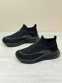 Women's Casual Sneakers, Comfortable And Lightweight, Minimalistic And Versatile, All-Black With Striped Design, Slip-On Sock Style For Easy Wearing, Fashionable For Various Occasions: Sports, Walking, Dates, Etc. - Black - View 4