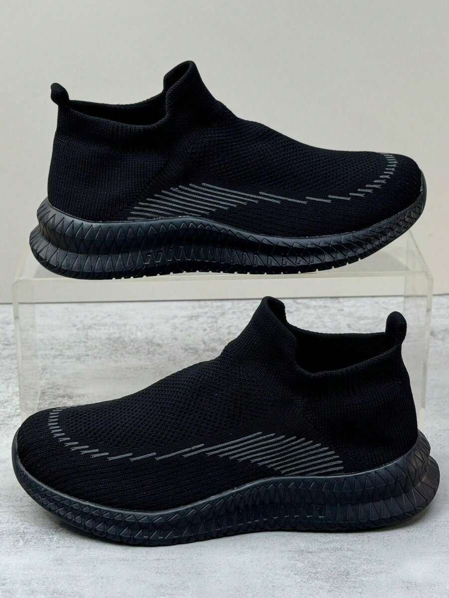 Women's Casual Sneakers, Comfortable And Lightweight, Minimalistic And Versatile, All-Black With Striped Design, Slip-On Sock Style For Easy Wearing, Fashionable For Various Occasions: Sports, Walking, Dates, Etc. - Black - View 1
