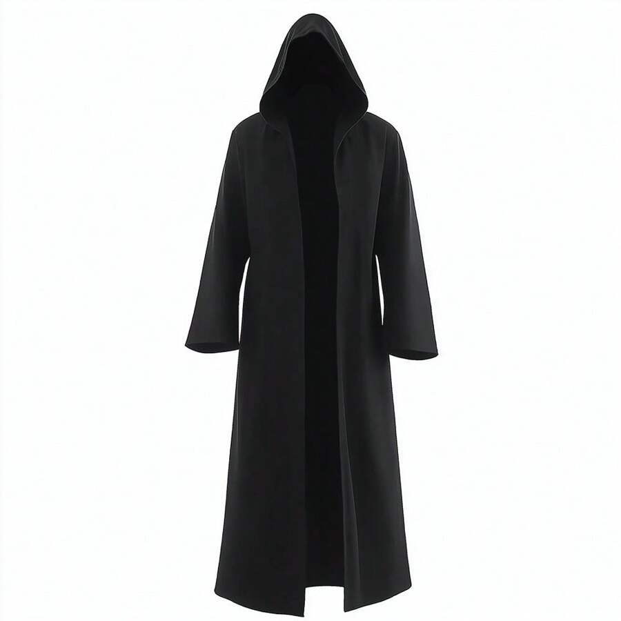 1 件男女通用死神连帽黑色斗篷长袍中世纪巫术吸血鬼骑士角色扮演服装派对化装舞会适合狂欢节世界读书日、圣诞节 - 黑色 - 查看 1