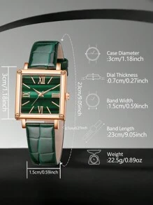 5PCS Ladies' Green PU Leather Dtrap Fashionable Casual Retro Simple Scale Square Dial Quartz Watch Bracelet Set For Daily Wear Decoration Or Gift Giving