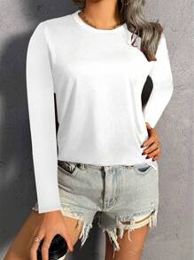 Maglietta casual a maniche lunghe da donna, top girocollo tinta unita, rifiniture al collo raffinate, adatta per primavera/autunno