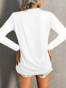 Maglietta casual a maniche lunghe da donna, top girocollo tinta unita, rifiniture al collo raffinate, adatta per primavera/autunno