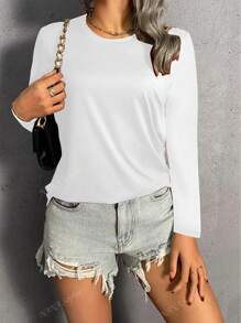 Maglietta casual a maniche lunghe da donna, top girocollo tinta unita, rifiniture al collo raffinate, adatta per primavera/autunno