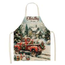 1pc Christmas Truck & Tree 3D Pattern Linen Apron For Home Cooking, Kitchen Wear, And Cooking Enthusiasts - Multicolor - View 2