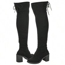 Bota Over The Knner Femenina Stretch Camurça com Ajuste Salto Quadrado