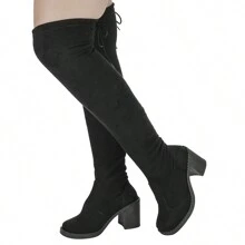 Bota Over The Knner Femenina Stretch Camurça com Ajuste Salto Quadrado