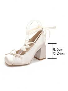OMS Zapatos de tacón de aguja de moda para mujer, tacones altos cuadrados tipo slip-on para fiesta/boda, con decoración de lazo, Colección 2024 San Valentín