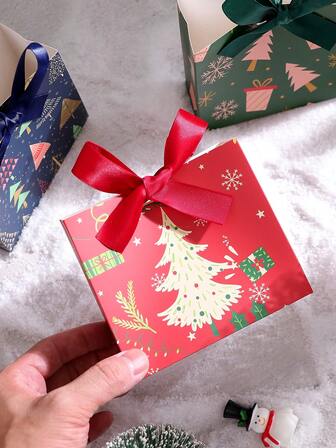 Pack Of 10 Elegant Christmas Gift Boxes With Ribbons, Mini Treat Boxes, Elegant Christmas Tree Design, Ideal For Wrapping Candies, Chocolates And Small Gifts, Ideal For Holiday Party Favors And Christmas Gifts, Christmas Gift Bags, Halloween, Halloween Decoration