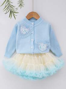 2pcs/Set Young Girl Heart Sequin Long Sleeve Sweater Cardigan + Fluffy Knit Tutu Skirt, Casual Loose Style - Blue - View 1