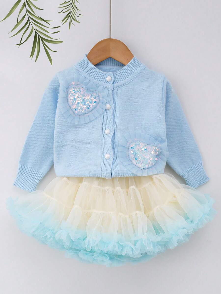 2pcs/Set Young Girl Heart Sequin Long Sleeve Sweater Cardigan + Fluffy Knit Tutu Skirt, Casual Loose Style - Blue - View 1
