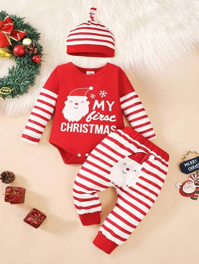 3pcs/Set Baby Boy Christmas Santa Claus Print Long Sleeve Top & Striped Pants & Hat 3-Piece Outfit Set