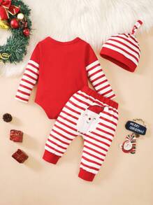 3 件套男婴圣诞老人印花长袖上衣和条纹裤和帽子 3 件套服装 - 紅色 - 查看 10