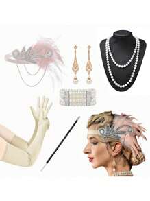D EXCEED 6 件 20 世纪 20 年代女式飞来波女郎了不起的盖茨比配饰套装咆哮的 20 年代主题复古时尚派对查尔斯顿化装舞会万圣节装饰礼物化妆舞会角色扮演带人造羽毛头带舞会 - 多色 - 查看 75