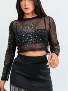 Cropped Tulle Explosion Blouse With Shiny Rhinestone Applique - Negro - Ver 1