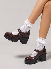 女士厚底厚底鞋，时尚大码增高小号皮革乐福鞋，洛丽塔玛丽珍鞋，黑色，红色，带有万圣节元素，亮面漆皮高跟鞋