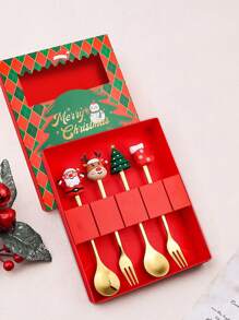 4pcs/Set Cute Cartoon Stainless Steel Christmas Gift Character Shaped Spoon And Fork Set