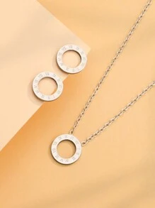 1set/3pcs 2025 New Roman Digital Ring Buckle Gold Color Stainless Steel Zirconia Necklace Earrings Wedding Jewelry Set