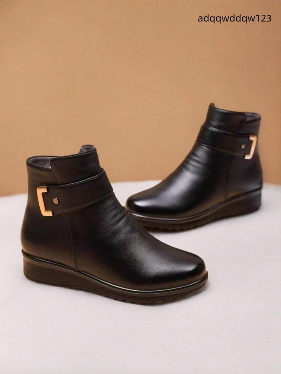 女士秋冬保暖内衬短靴，休闲防滑平底妈妈鞋，保暖黑色短靴 - 黑色 - 查看 1