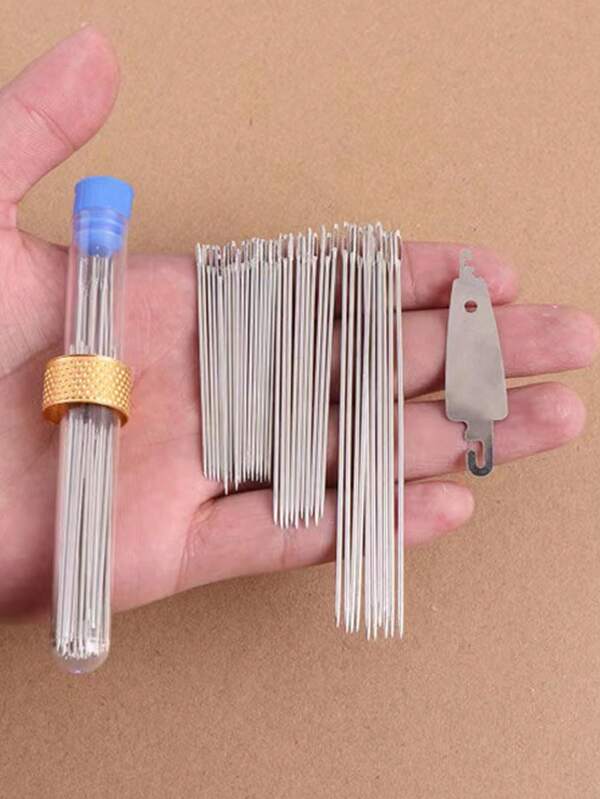 40pcs/set Stainless Steel Needle & 1pc Sewing Thimble Ring & 1pc Thread Stripper, Classic Sewing Needle & Protect Finger & Needle Threader For Home
