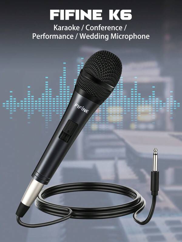 FIFINE ميكروفون ديناميكي، ميكروفون سلكي محمول باليد مع مفتاح تشغيل/إيقاف وكابل قابل للفصل بطول 4.5 متر، لكاريوكي والمؤتمرات والأداء والحفلات الزفاف - فيفين كي 6