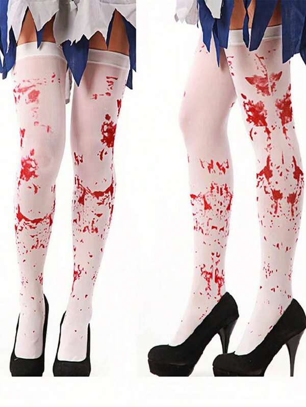 1 paar Halloween Horror Party Kostuum Cosplay Verpleegster Bloedige Kousen, Enge Zombie Sokken Decoratie (Willekeurige Bloedafdruk)