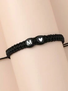 可定制英文字母手链，26个字母编织手链，简约个性化，心形字母编织友谊/情侣手链 - 黑色 - 查看 3