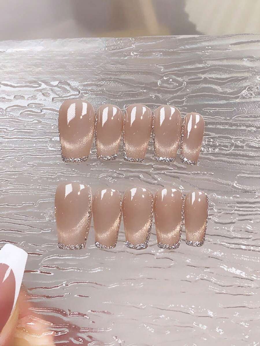 10 Stück Katzenauge Glitzer Nagel Folie, luxuriöses minimalistisches Modedesign, wiederverwendbare Aufklebe-Nägel Nagelbedarf - Aprikosenfarben - Übersicht 1