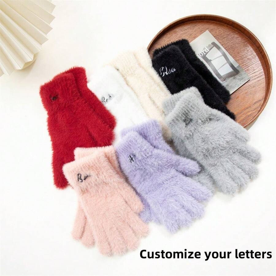 Women's Customized Letter Plush Full Finger Gloves - Multicolor - View 1