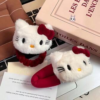 Sanrio Cute Plush Autumn And Winter Kitty Sweet Encore Red Bow Hairpin Girl Bangs Cartoon BB Hair Accessories Home Bathroom Decor Fall Decor