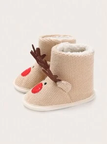 圣诞节保暖鞋，适合婴儿男孩/女孩的幼儿第一双步行鞋，可爱的圣诞人物冬季儿童动物鞋 - 杏色 - 查看 6