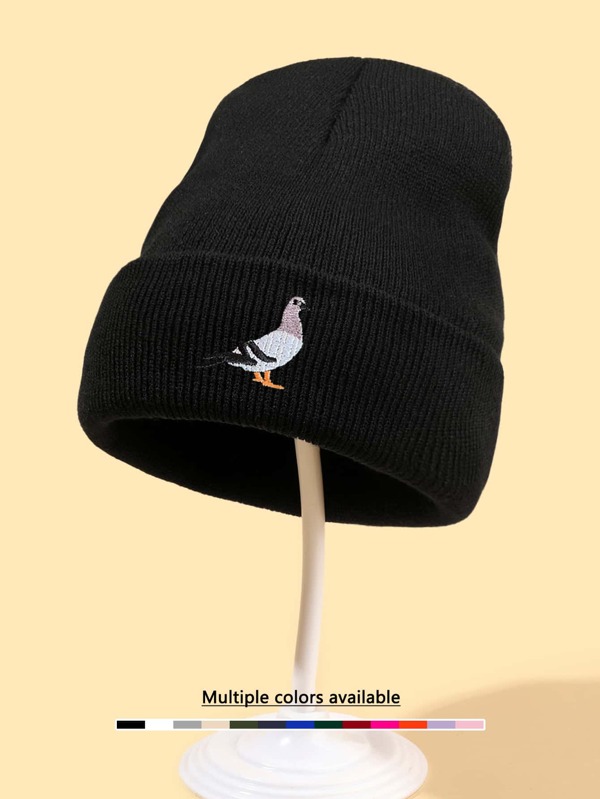 1pc Unisex Pigeon Embroidery Knit Beanie, Casual Hip Hop No Brim Cap, Warm & Soft, Minimalist Style For Autumn/Winter Everyday Wearwinter Hat