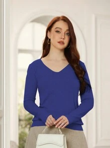 Suéter de malha minimalista casual feminino outono/inverno - Azul - Ver 4