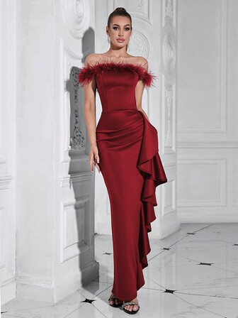 Minimalist Elegant Off-Shoulder Ruffle Trim Front Slit Maxi Fitted Dress