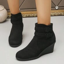 New Winter Women's Wedge Platform Short Round Toe Fashion Outdoor Black Boots,Fashion Match Hoodies